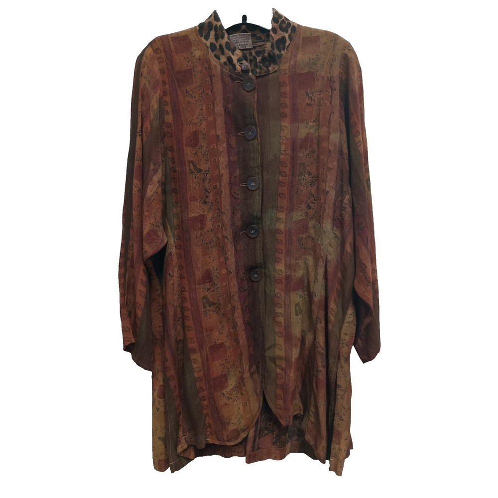 URU Wearable Art Lagenlook Tunic Top Womens One Size Brown Abstract Long Sleeve